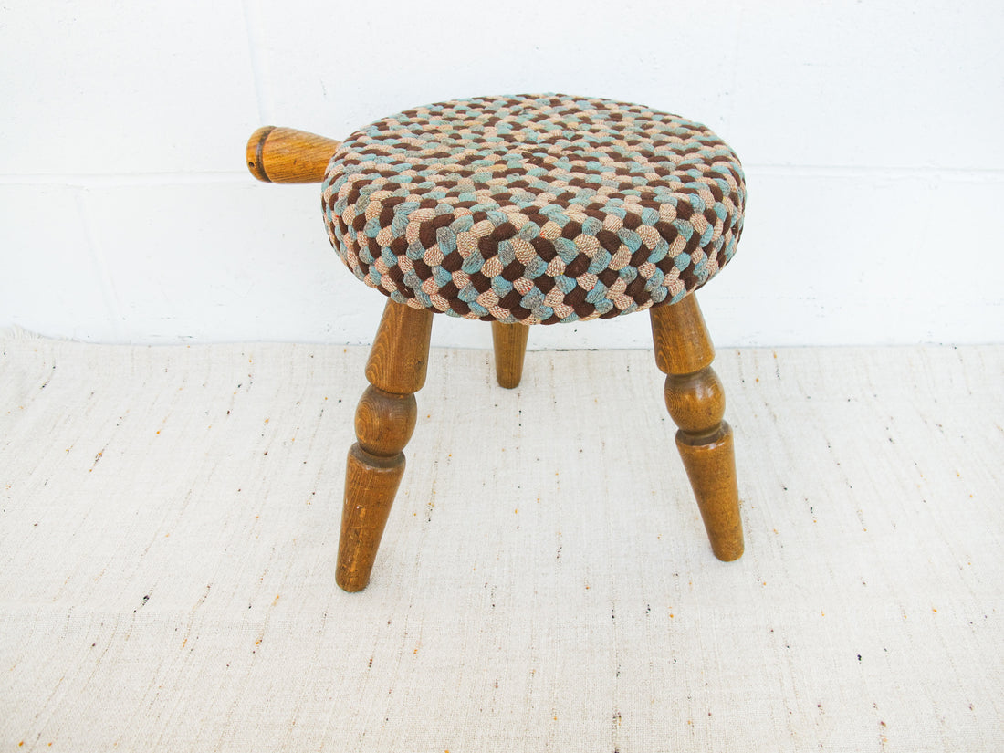 Japanese milk stool with woven rug cover