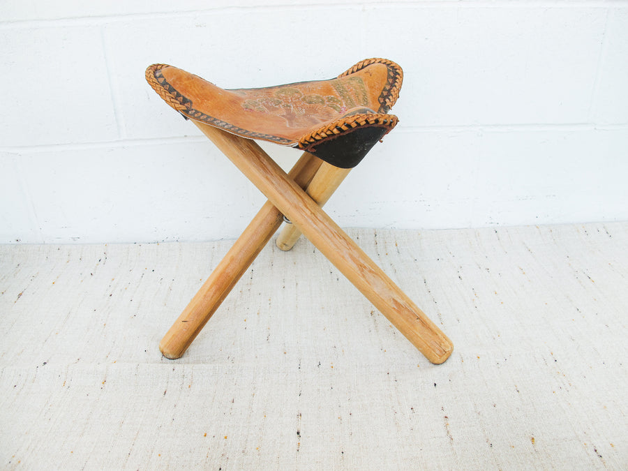 Leather Folding Tri-Pod Stool from Mexico