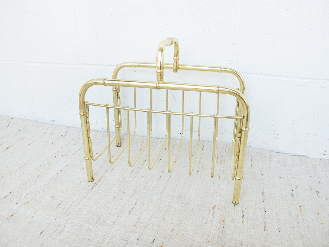 Brass Low Cane and Bamboo Style Magazine Holder or Log Holder