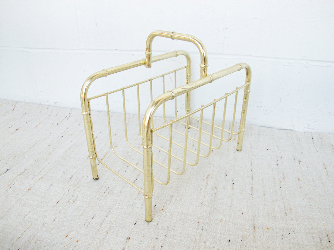 Brass Low Cane and Bamboo Style Magazine Holder or Log Holder