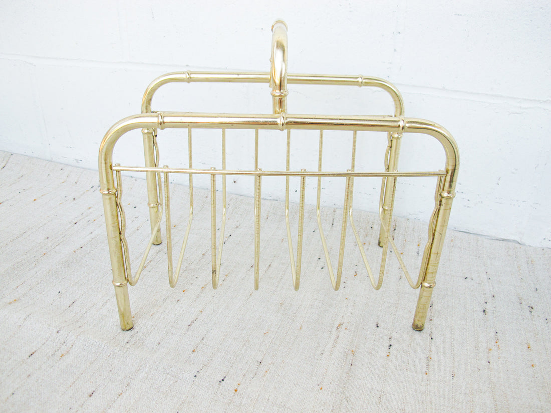 Brass Low Cane and Bamboo Style Magazine Holder or Log Holder