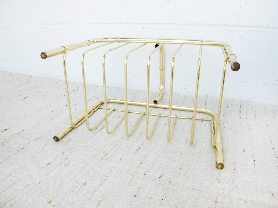 Brass Low Cane and Bamboo Style Magazine Holder or Log Holder