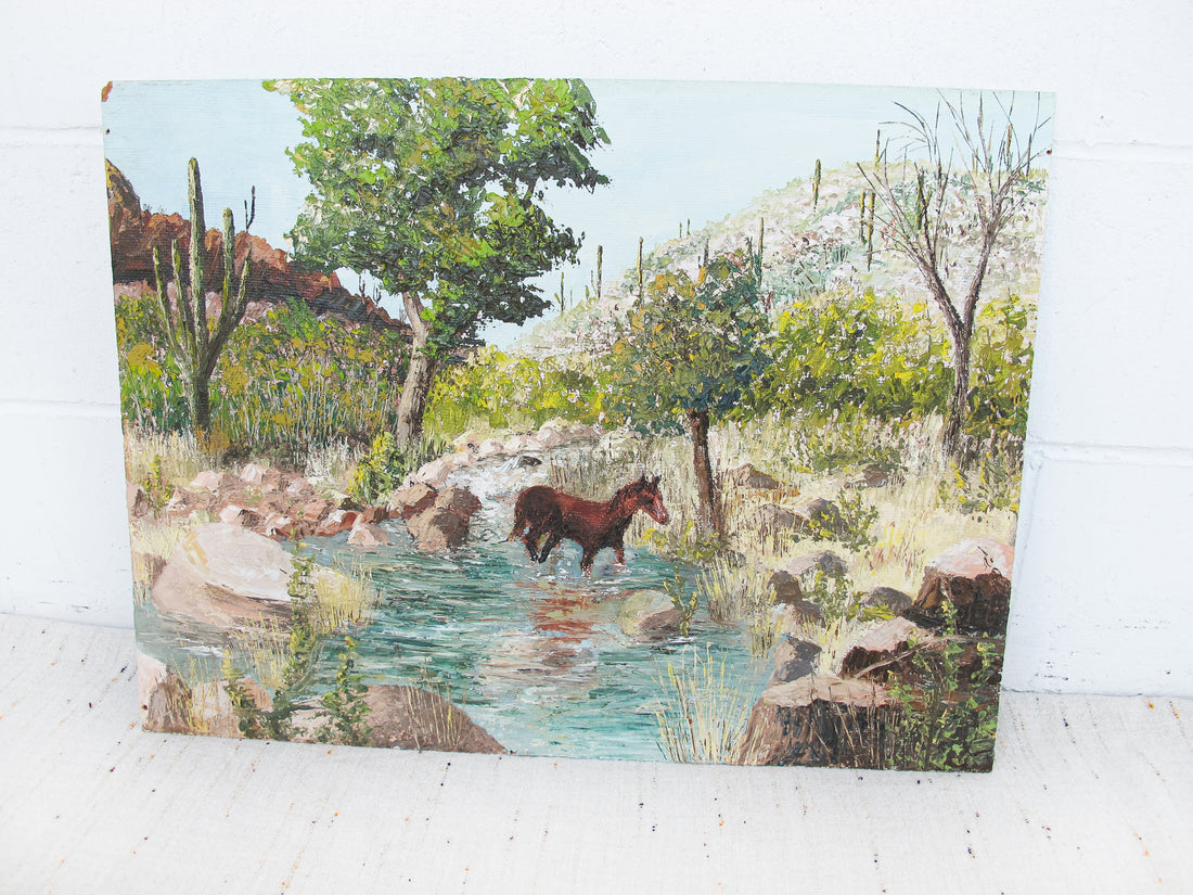 Textured Frameless Particle Board Painting of Desert Country with Horse and Cactus