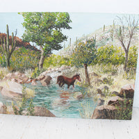 Textured Frameless Particle Board Painting of Desert Country with Horse and Cactus