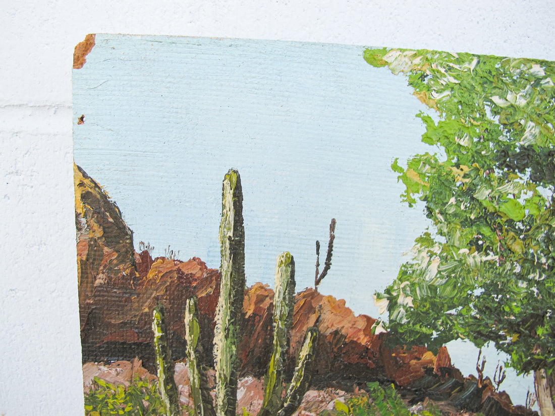 Textured Frameless Particle Board Painting of Desert Country with Horse and Cactus