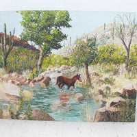 Textured Frameless Particle Board Painting of Desert Country with Horse and Cactus