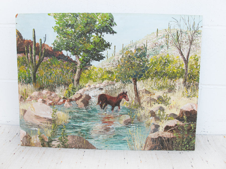 Textured Frameless Particle Board Painting of Desert Country with Horse and Cactus