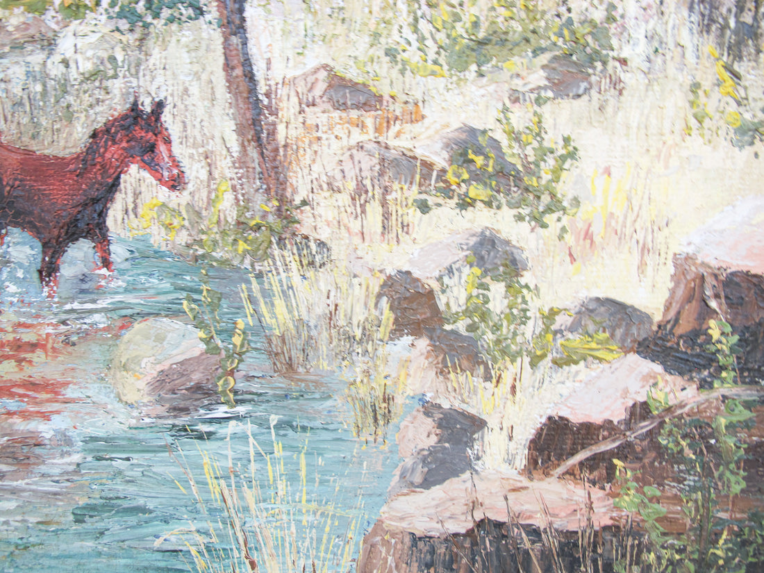 Textured Frameless Particle Board Painting of Desert Country with Horse and Cactus