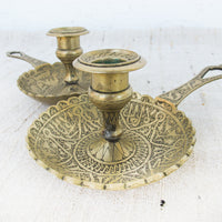 Set of 2 Etched tray brass candle sticks with handles