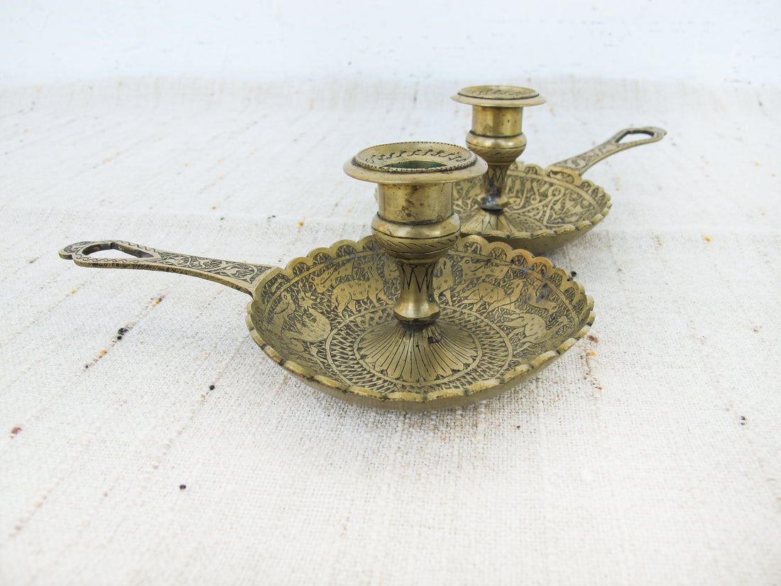 Set of 2 Etched tray brass candle sticks with handles