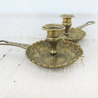 Set of 2 Etched tray brass candle sticks with handles