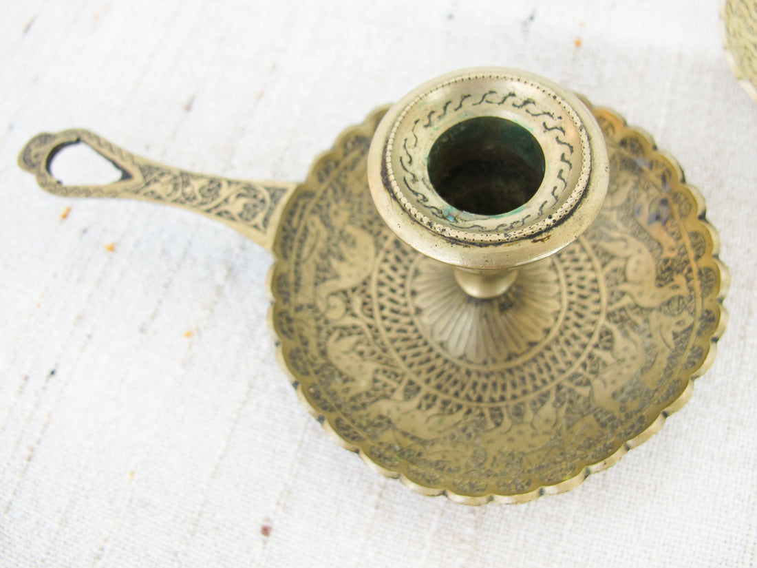 Set of 2 Etched tray brass candle sticks with handles