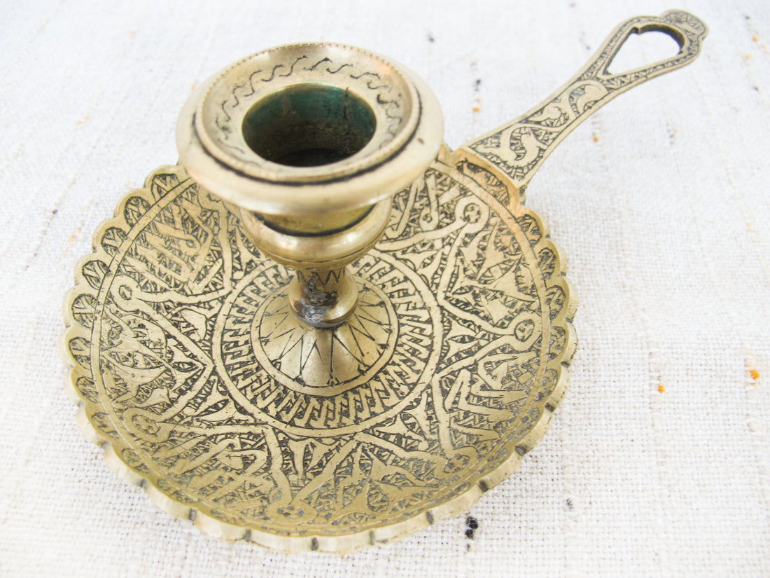 Set of 2 Etched tray brass candle sticks with handles