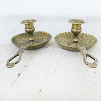Set of 2 Etched tray brass candle sticks with handles