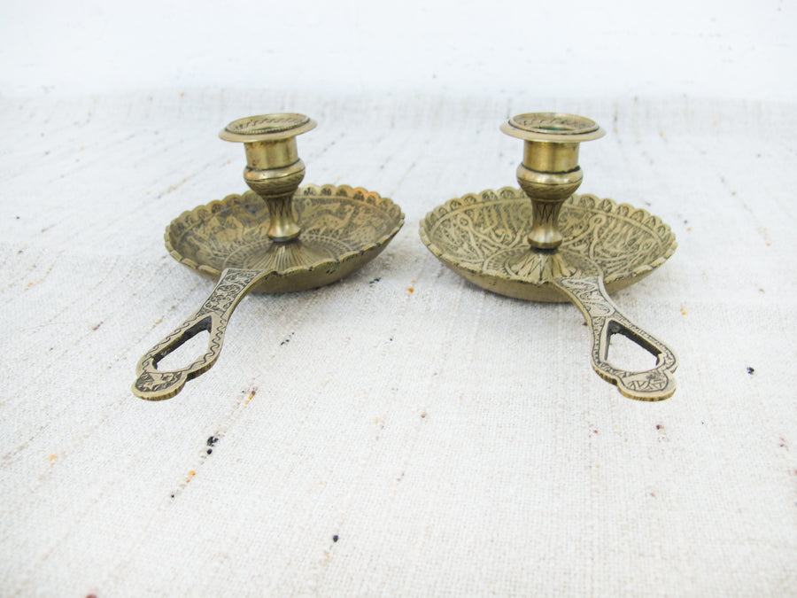 Set of 2 Etched tray brass candle sticks with handles