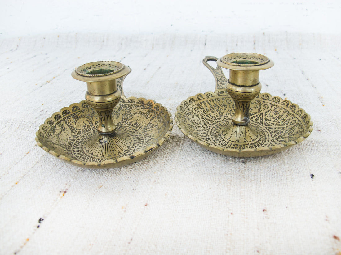 Set of 2 Etched tray brass candle sticks with handles