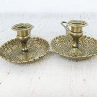 Set of 2 Etched tray brass candle sticks with handles