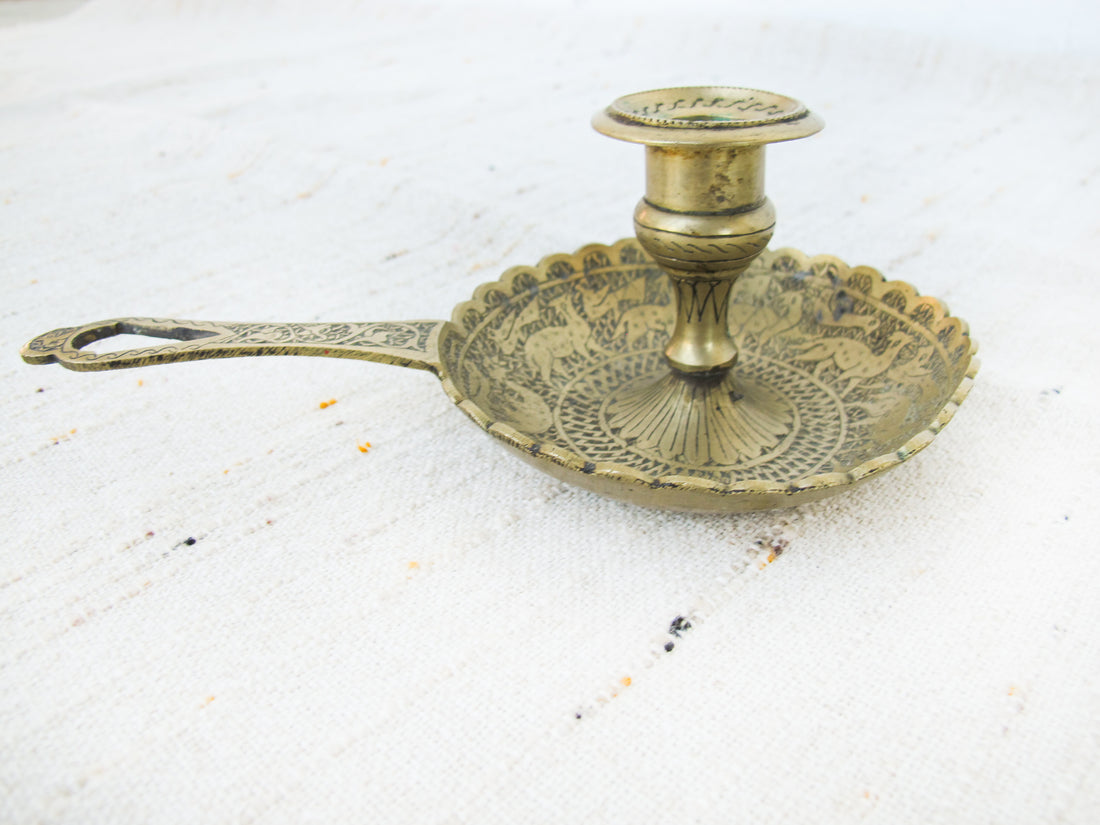 Set of 2 Etched tray brass candle sticks with handles