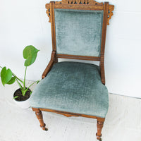 Antique Wood Chair with Blue Velvet