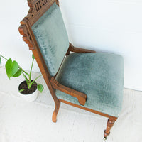 Antique Wood Chair with Blue Velvet