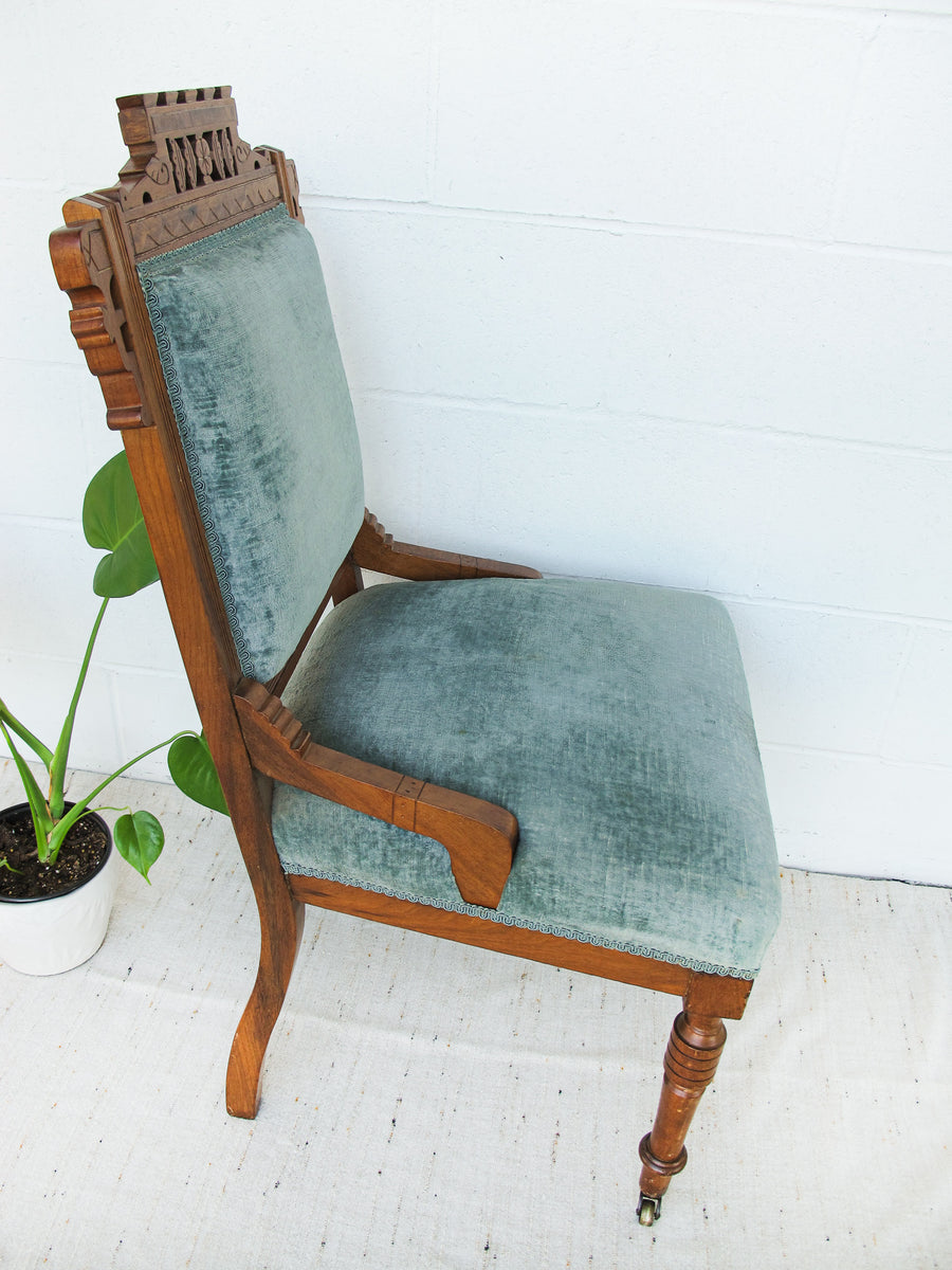 Antique Wood Chair with Blue Velvet