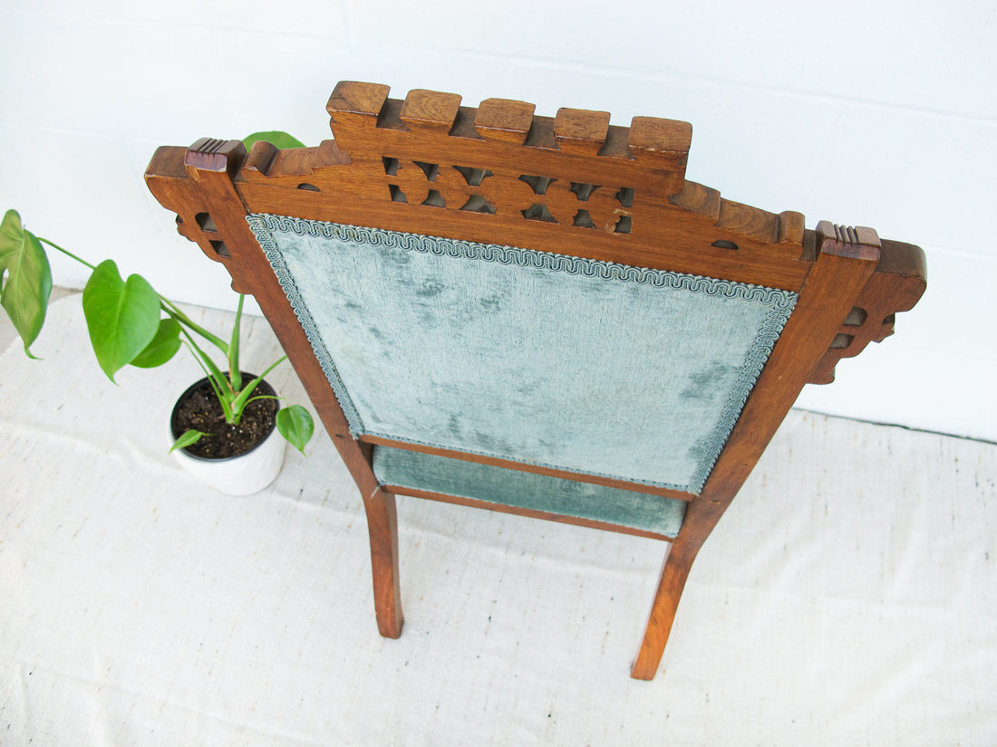 Antique Wood Chair with Blue Velvet