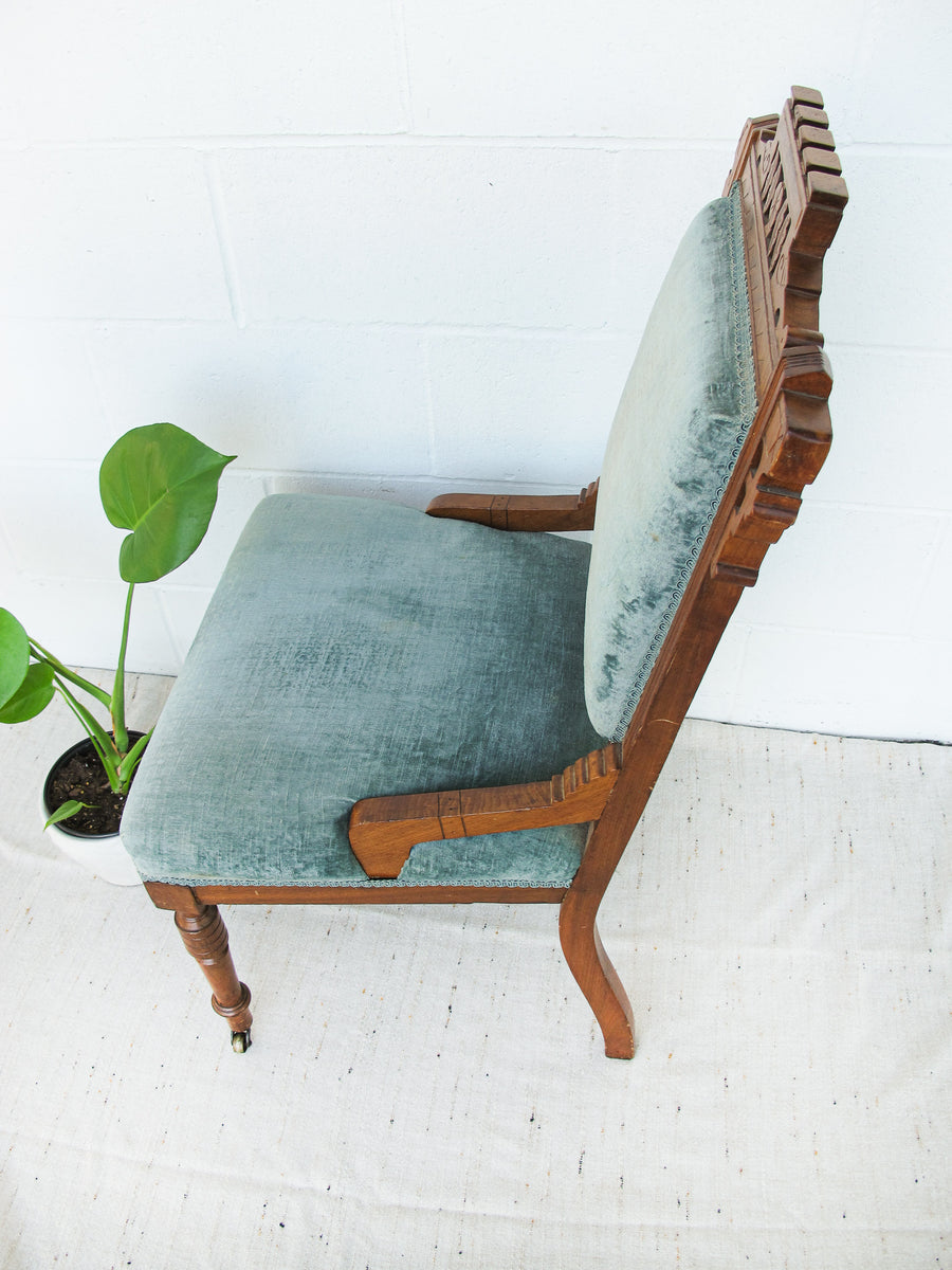 Antique Wood Chair with Blue Velvet