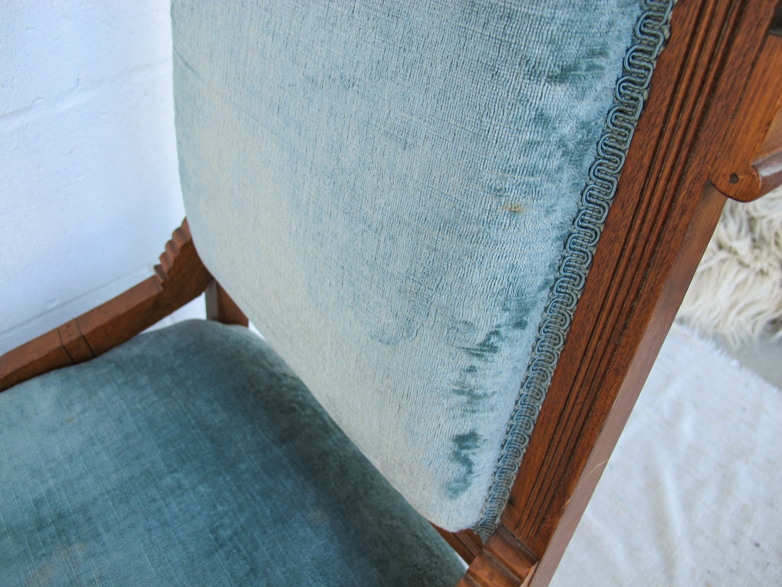 Antique Wood Chair with Blue Velvet