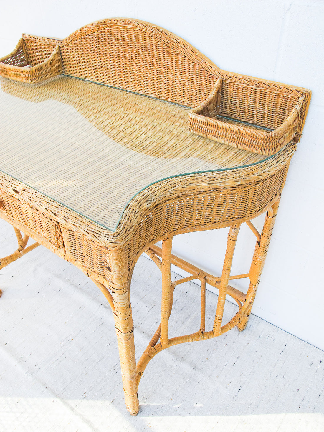 Antique Wicker Vanity with Glass Top and Front Drawer