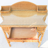 Antique Wicker Vanity with Glass Top and Front Drawer