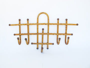 Antique French Bamboo and Rattan 5 Hook Wall Rack