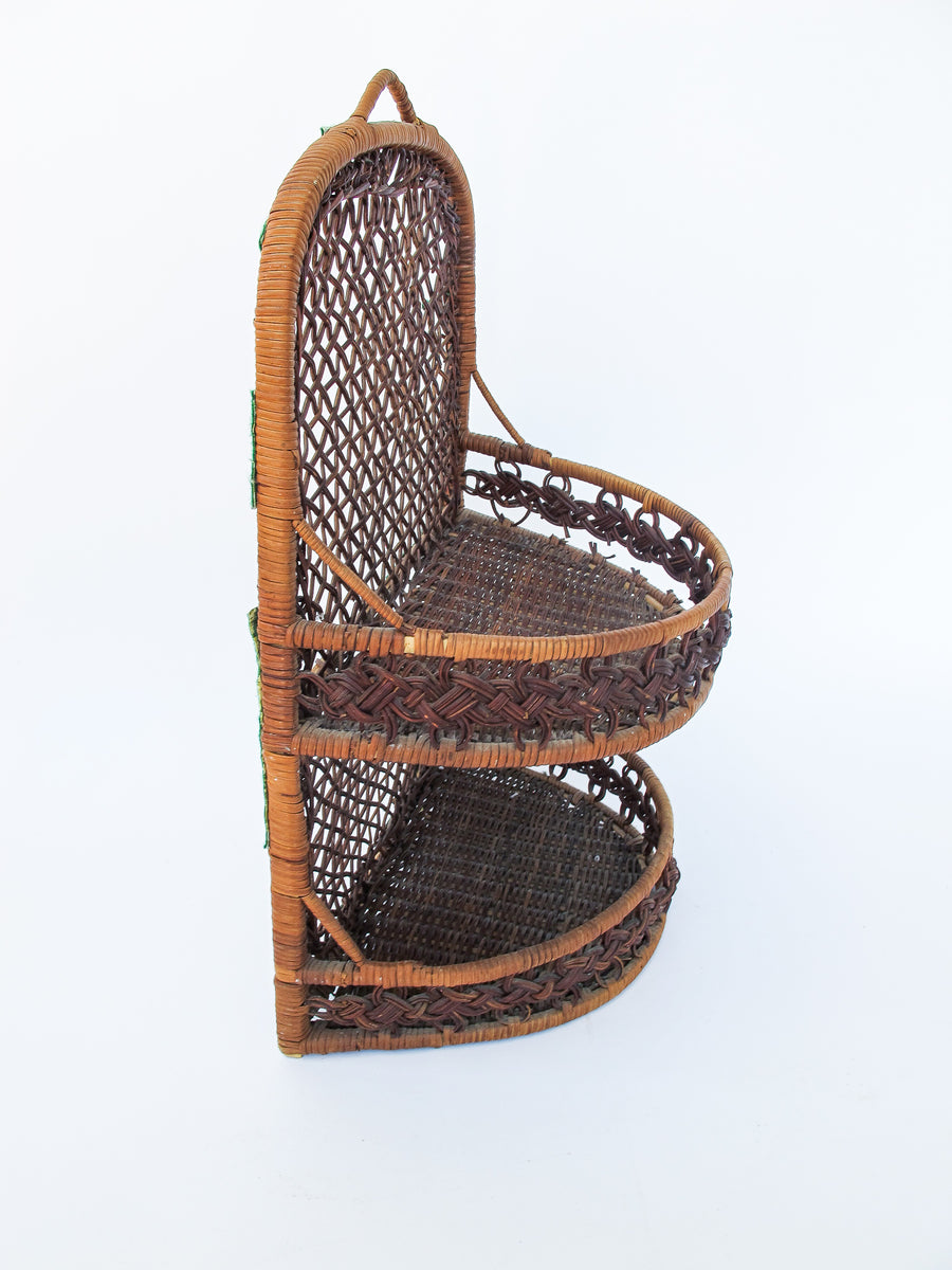 Two Tier Dark Stain Rattan Wicker Wall Basket Shelf