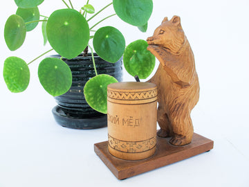 Carved Bear Statue with Box