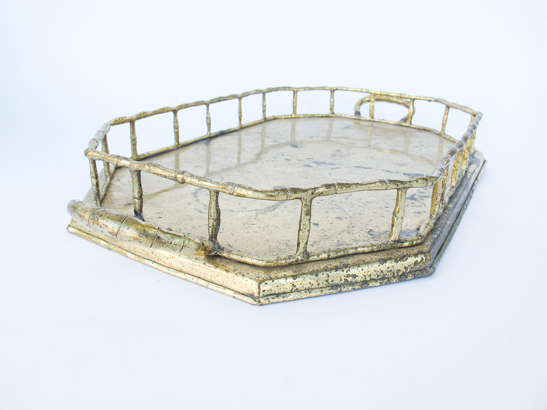 Brass Hollywood Regency Tray Vintage with Bamboo Detailing