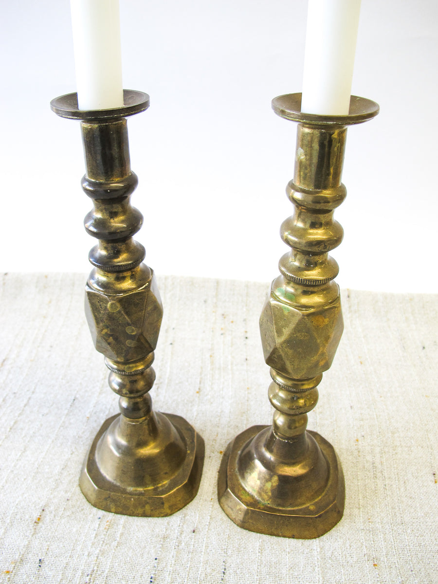 Heavy Moroccan Brass Tapered Candle Sticks - Set of 2