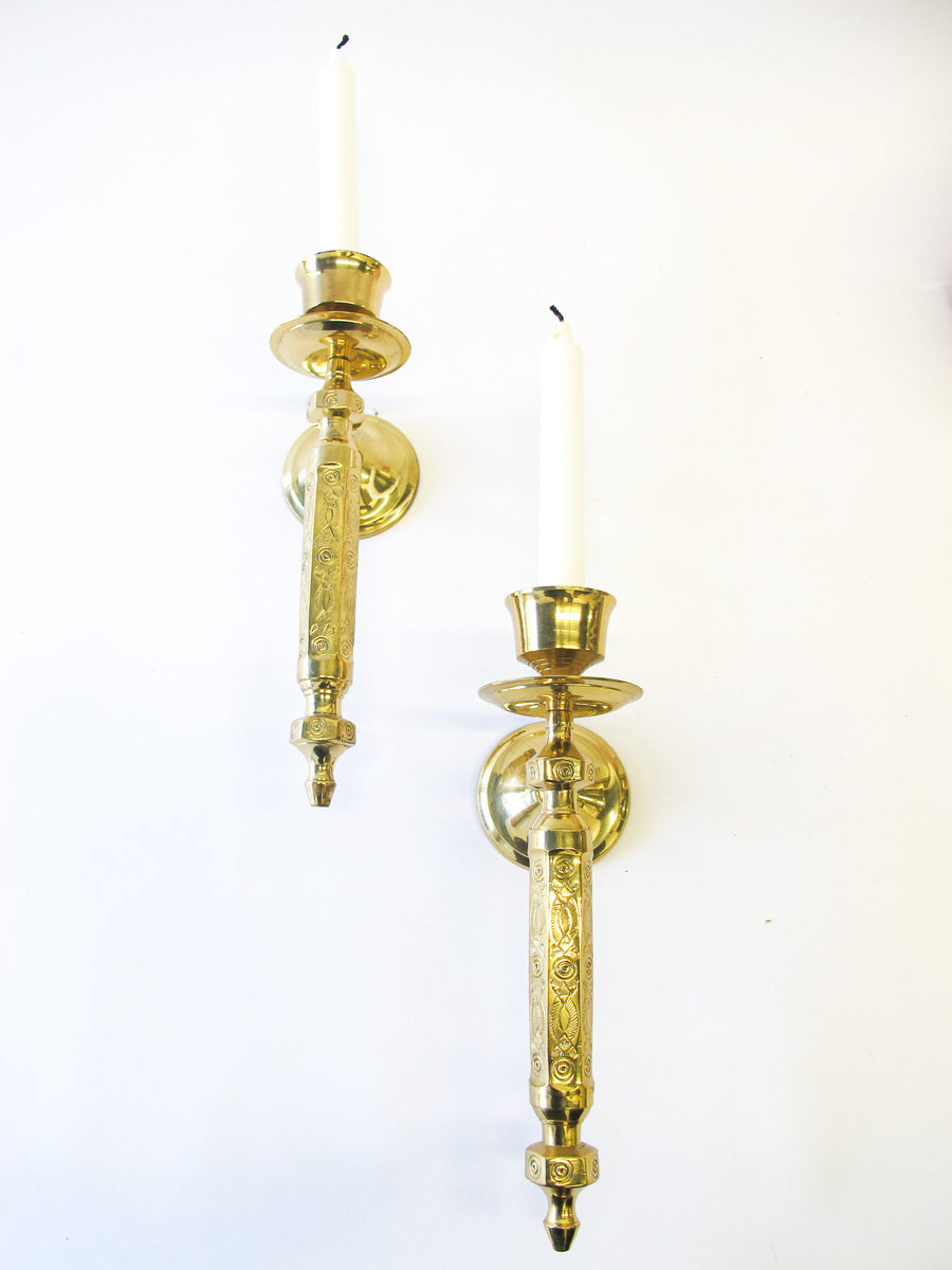 Set of 2 Two Etched Laquered Brass Wall Sconce Candle Holders - Made in India
