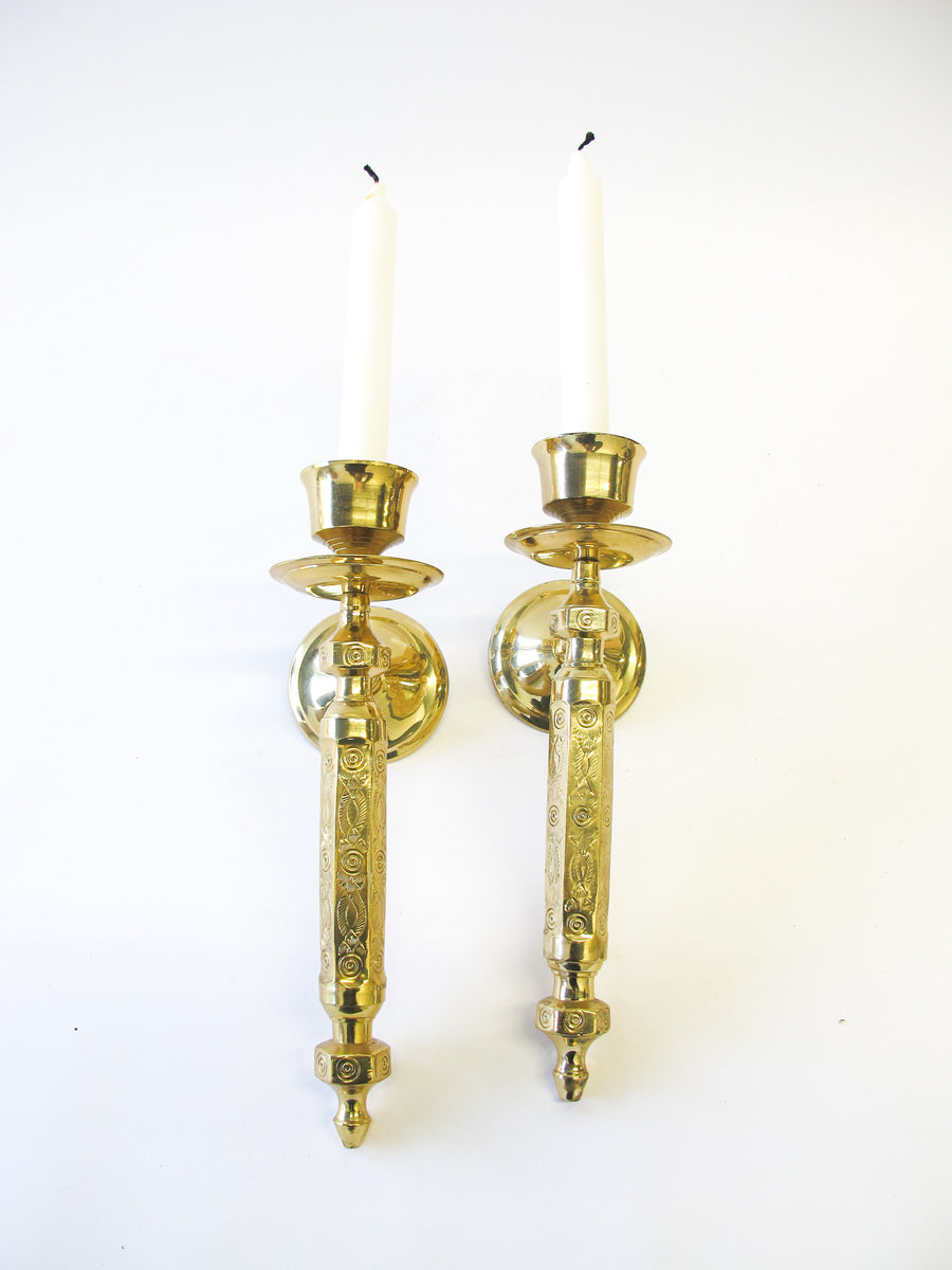Set of 2 Two Etched Laquered Brass Wall Sconce Candle Holders - Made in India