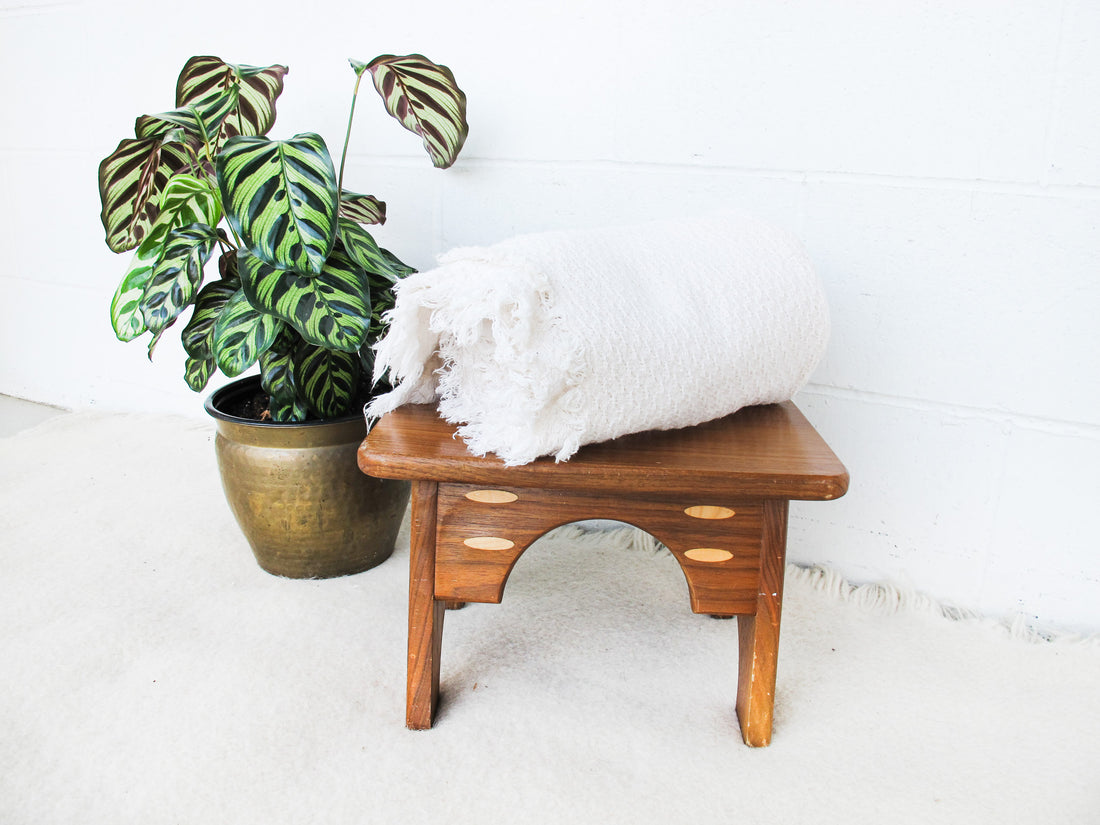 Small Wood Stool with Inlay Detail Block Carved Legs