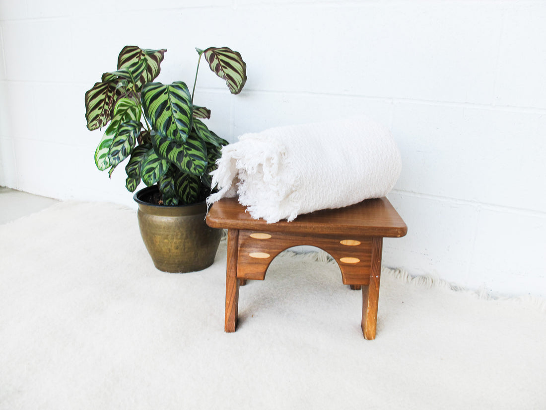 Small Wood Stool with Inlay Detail Block Carved Legs