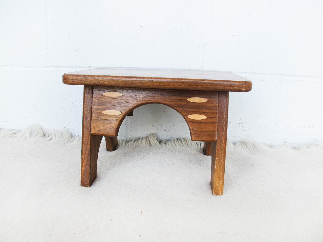 Small Wood Stool with Inlay Detail Block Carved Legs