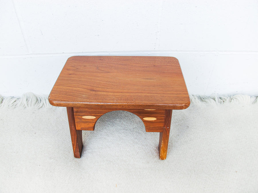 Small Wood Stool with Inlay Detail Block Carved Legs