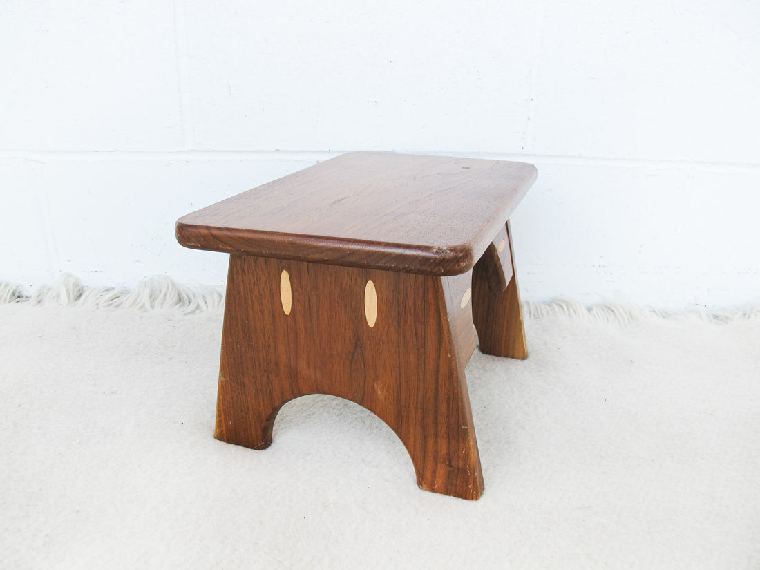 Small Wood Stool with Inlay Detail Block Carved Legs