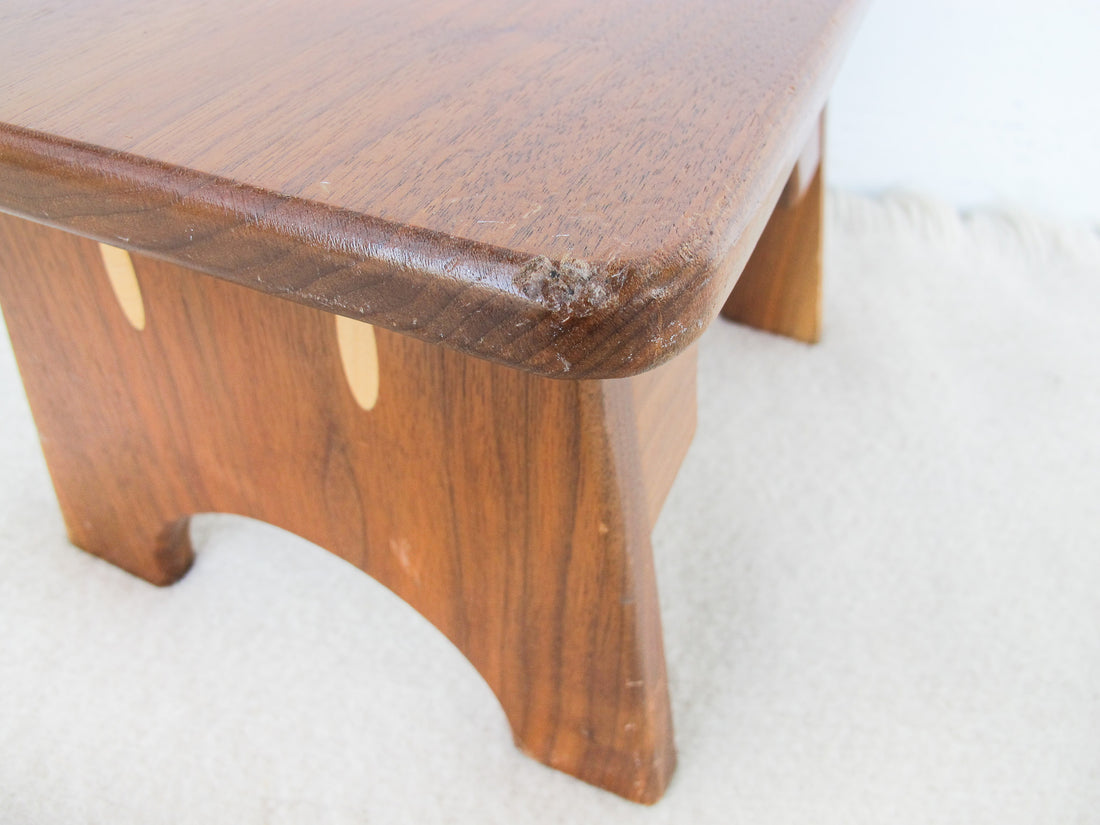 Small Wood Stool with Inlay Detail Block Carved Legs