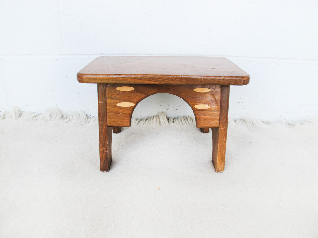 Small Wood Stool with Inlay Detail Block Carved Legs