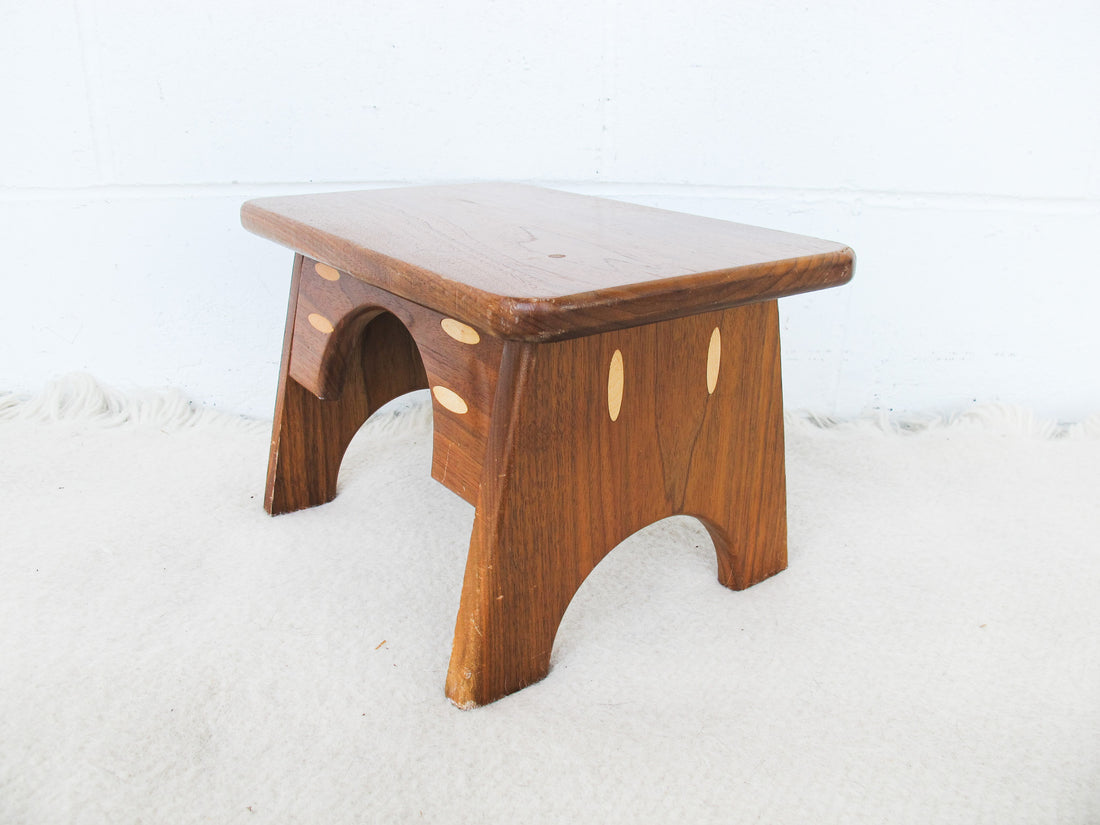 Small Wood Stool with Inlay Detail Block Carved Legs