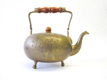 Etched Brass Tea Pot with Wood Handle