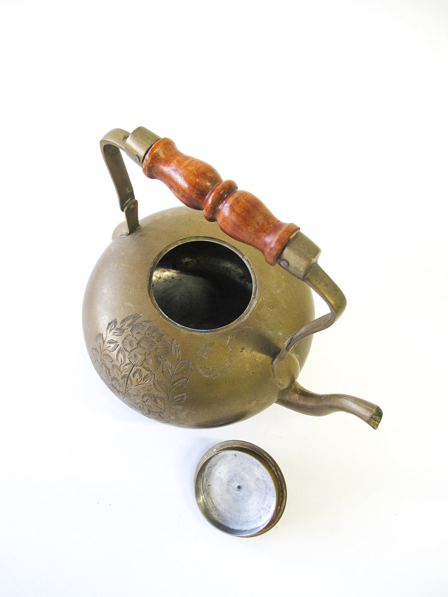 Etched Brass Tea Pot with Wood Handle