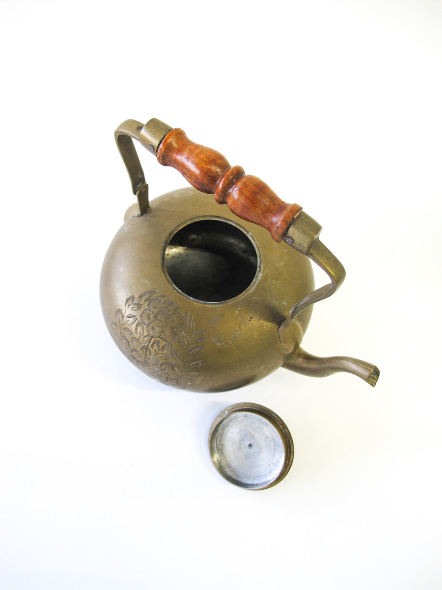 Etched Brass Tea Pot with Wood Handle
