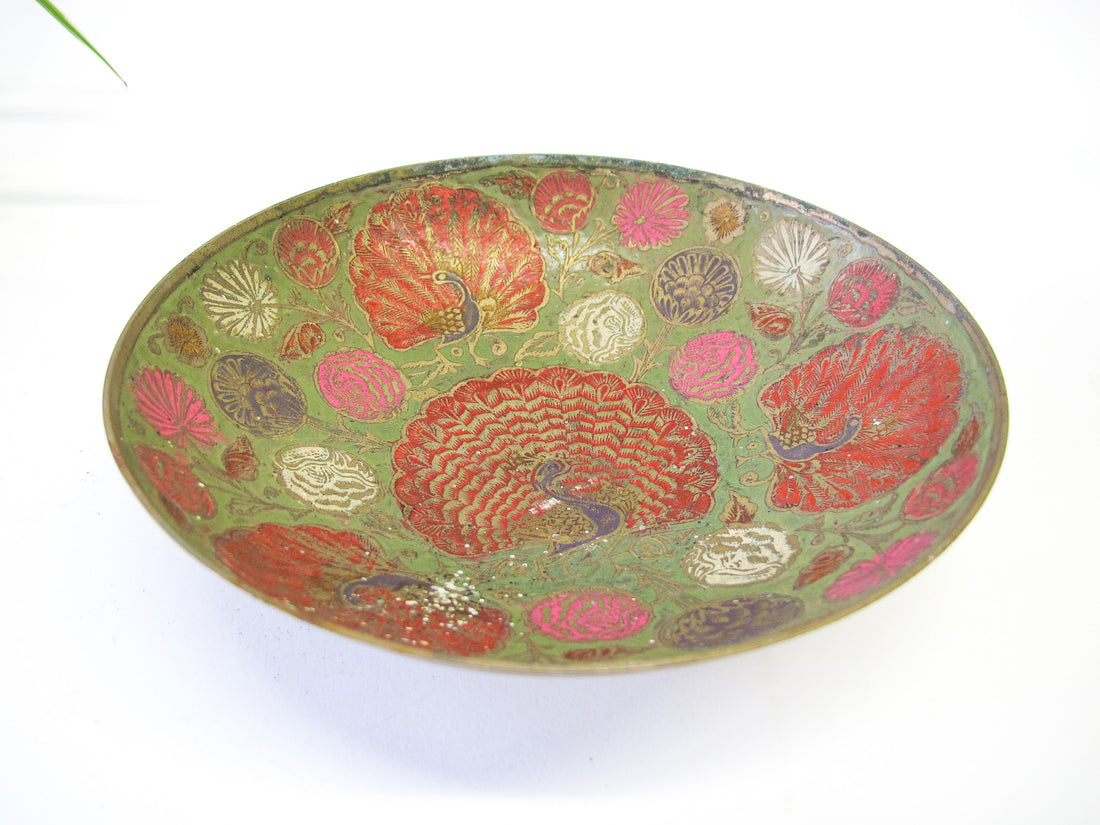 Enameled Oxidized Brass Bowl with Peacock Design