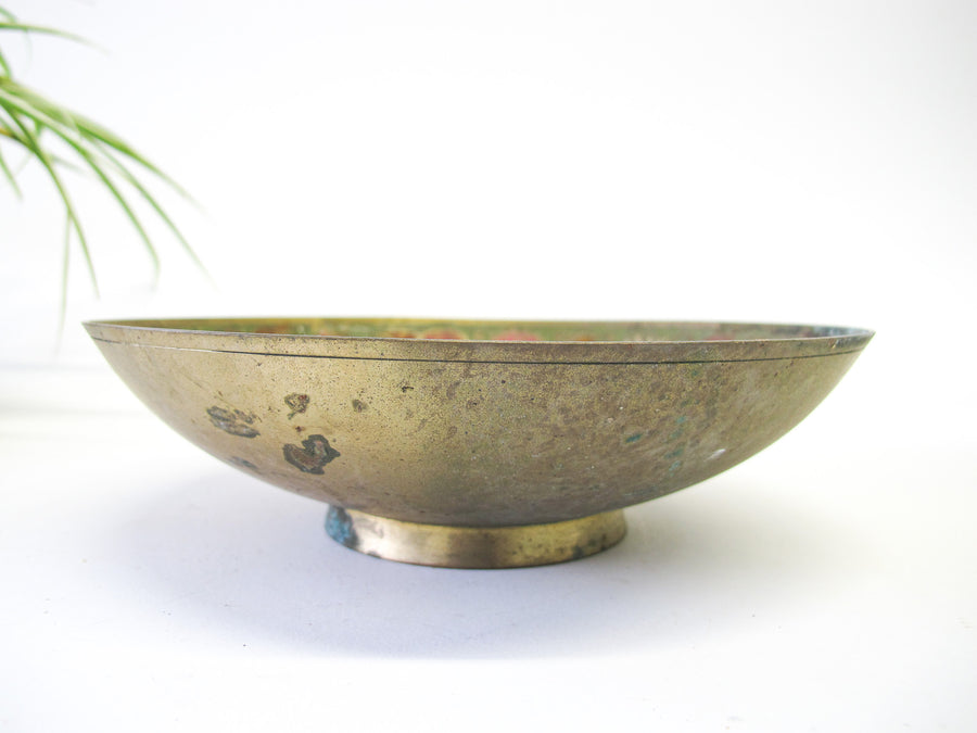 Enameled Oxidized Brass Bowl with Peacock Design